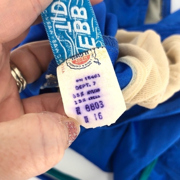 Vintage 80’s Ebb Tide One Piece Swimsuit Belted Bathing Suit Blue Pinup L / 16 - Picture 7 of 11